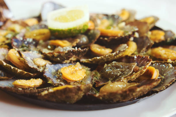 Limpets “Lapas” are cooked in a frying pan of their own. The taste increases when splashed with fresh lemon and butter. A Madeiran specialty madeira sauce stock pictures, royalty-free photos & images