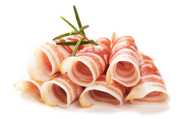 rolls of pancetta bacon isolated on white - pancetta imagens e fotografias de stock