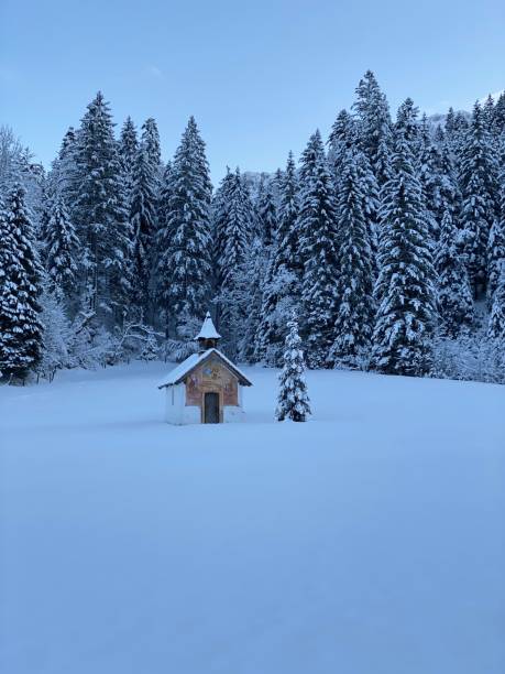 piccola cappella e albero di natale i monti karwendel - snow chapel christmas germany foto e immagini stock