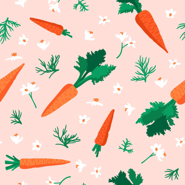 ilustrações de stock, clip art, desenhos animados e ícones de vector summer pattern with carrots, flowers and leaves. seamless texture design. - gardening flower backgrounds beauty in nature