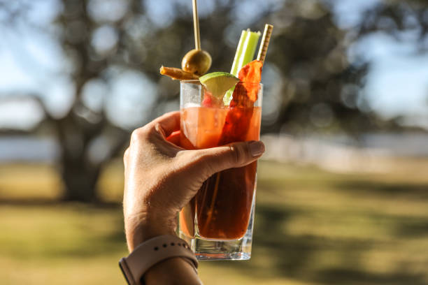 A Bloody Mary in a glass with ice, a straw, and a garnish of olives, celery sticks, and a lemon wedge. Bloody Mary is a savory drink made with vodka, tomato juice, citrus, a dash of hot sauce, and a variety of spices. The cocktail is in a dark luxurious bar with copy space in the black background.