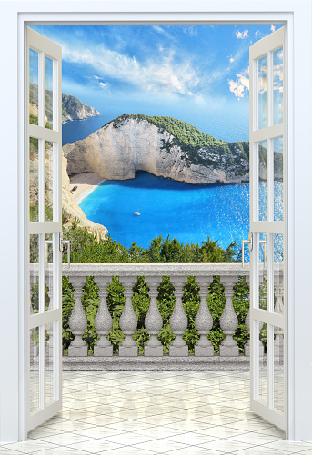 Balcony with concrete balustrade. Ocean view from balcony. Vertical shot 3d rendering