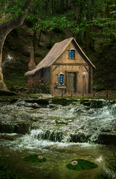 secret house in the forest - fishing hut imagens e fotografias de stock