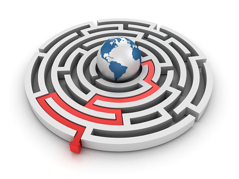 Circular Maze with Globe World - White Background - 3D Rendering