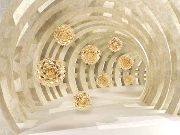 Tunnel with golden flying balls 3d rendering