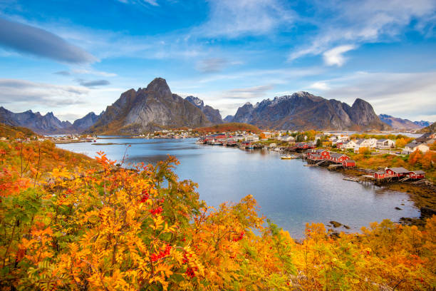 ロフォーテン諸島のレーヌ風景の美しいカラフルな景色 - norway fjord lofoten red ストックフォトと画像