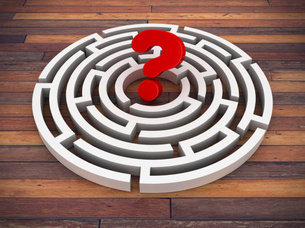 circular maze with question mark - 3d rendering - question mark asking audience confusion imagens e fotografias de stock