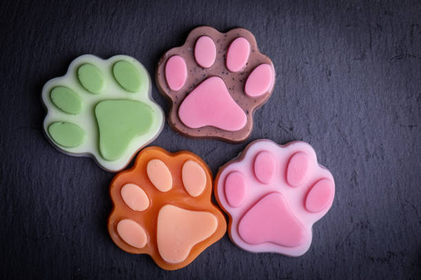 istock Cute colored paw shape soap on dark dark background. Dark background 1197337451