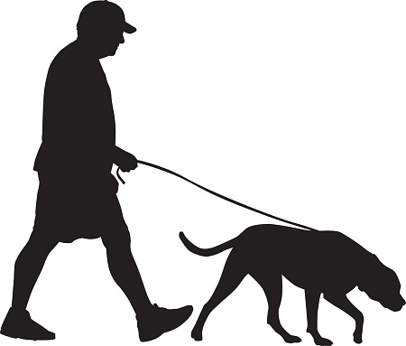 Vector silhouette of a senior man walking his dog.