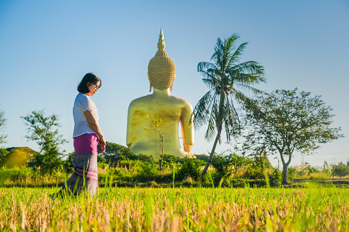 An Asian Women walking and walking meditation the temple in the lawn behind a golden Buddha image.