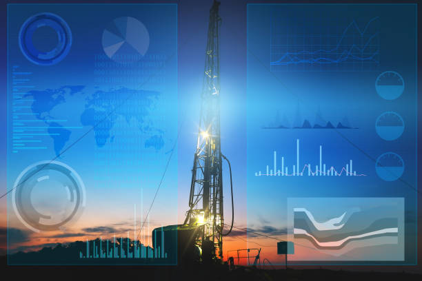 automatisierung der öl- und gasförderung, um versehentliches bohren von brunnen zu verhindern. der einsatz künstlicher intelligenz zur verarbeitung und speicherung von daten beim bohren von brunnen und beim finden produktiver felder - gasohol stock-fotos und bilder