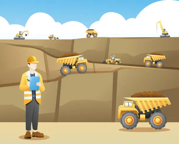 Vector illustration of Mining worker taking note with a mining background
