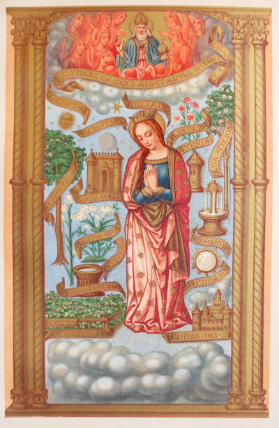 istock God's mother parying in a vintage book The Gospels, edited by Curmet, 1863, Paris 1197343887