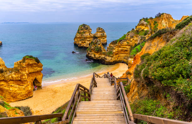 Beautiful Camilo Beach in Lagos, Portugal, with its rock cliffs and blue ocean. This pic shows wooden pathway at the beautiful Camilo Beach in Lagos, Portugal, with its magnificent cliffs and the blue ocean. The pic is taken in January 2020 in lagos Portugal. alvor stock pictures, royalty-free photos & images