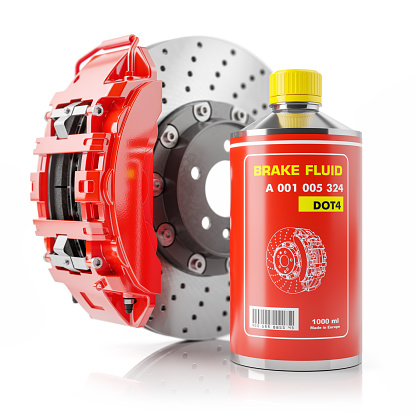 Brake disc, car red caliper and brake fluid can. Spare parts. Car repair. 3d render