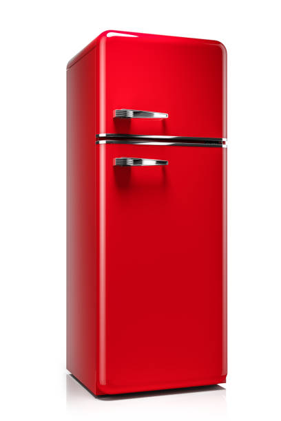 istock Classic red retro kitchen fridge isolated on white background 1197345172