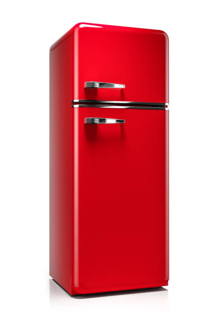 refrigerador retro vermelho clássico da cozinha isolado no fundo branco - door old fashioned old closed - fotografias e filmes do acervo