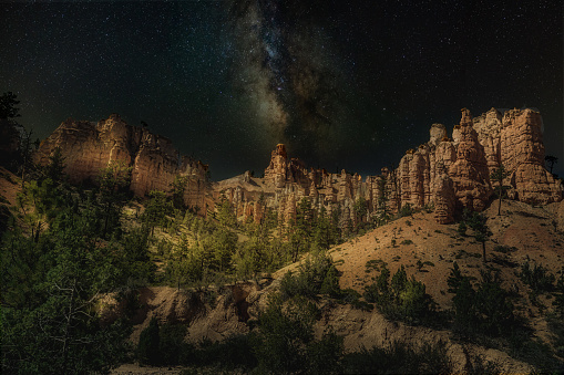 Night sky and the milkky way over the hoodos at the Bryce Canyon, Utah