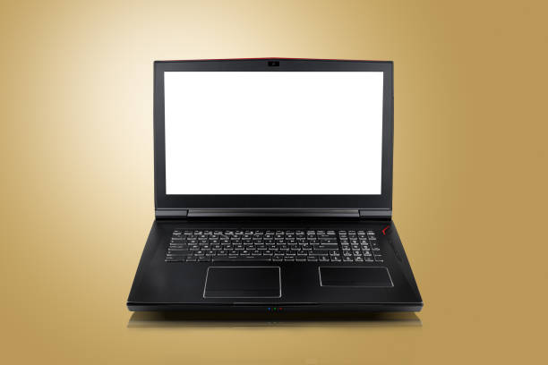 istock Gaming laptop on golden yellow background. 1197347305
