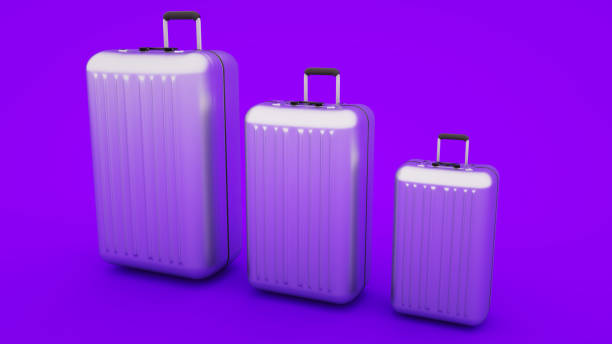 Three suitcases isolated on purple background, 3d illustration