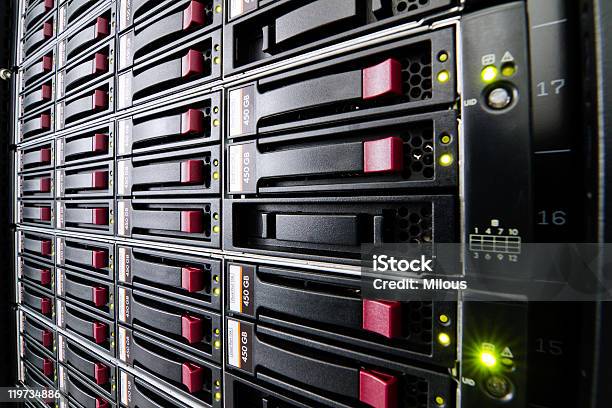 Row Of Hard Drives Stock Photo - Download Image Now - Attached, Storage Room, Black Color