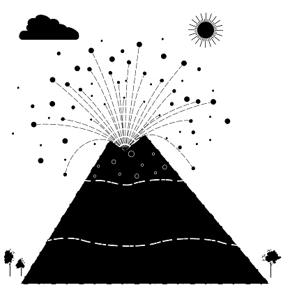 The beginning of eruption - the release of the stones. Stock vector illustration. The black silhouette of a volcano on a white background. Volcano awoke.