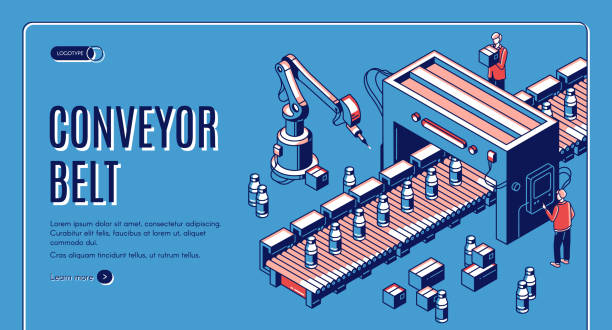 strona docelowa przenośnika taśmowego fabrycznego. ramiona robota - milk industry milk bottle factory stock illustrations