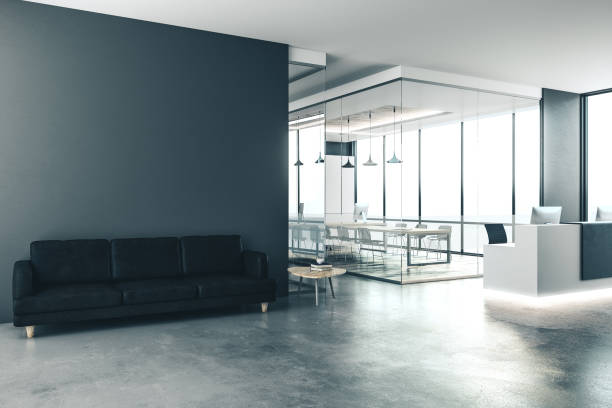 istock Concrete office interior with reception desk, city view and daylight. 3D Rendering 1197355482