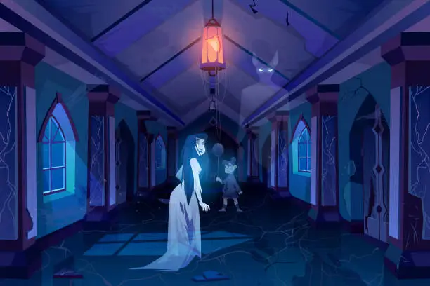 Vector illustration of Old castle hall with ghosts dark scary palace room