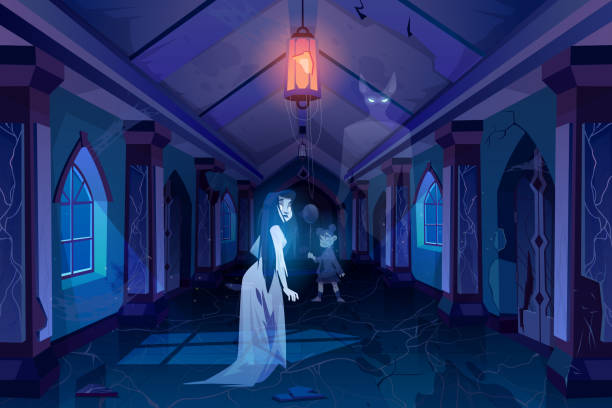 古城堡大廳與鬼黑暗可怕的宮殿房間 - haunted house 幅插畫檔、美工圖案、卡通及圖標