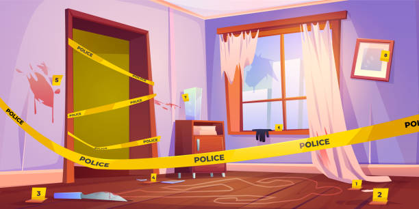 Crime scene, murder place with yellow police tape Crime scene, murder place fenced with yellow police tape, chalk line silhouette of dead body on floor, bloody knife and red spots on walls. Wrecked furnished apartment. Cartoon vector illustration damaged fence stock illustrations