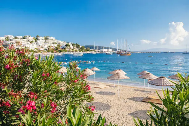 Photo of View of Bodrum Beach, Aegean sea, traditional white houses, flowers, marina, sailing boats, yachts in Bodrum city town Turkey.