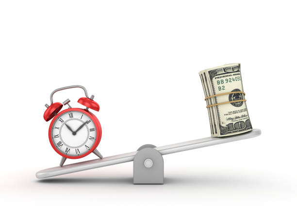 istock Seesaw Scale with Dollar Money Roll and Alarm Clock - 3D Rendering 1197364467