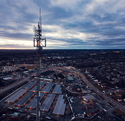 Aerial drone view of a cellular/broadcast antenna.