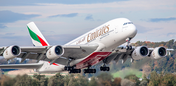 Zurich, Switzerland - October 17, 2019: An Emirates Airbus A380-861 takes off from Zurich Airport. The Airbus A380 with registration A6-EEJ has been in service for the airline of the United Arab Emirates since September 2013.