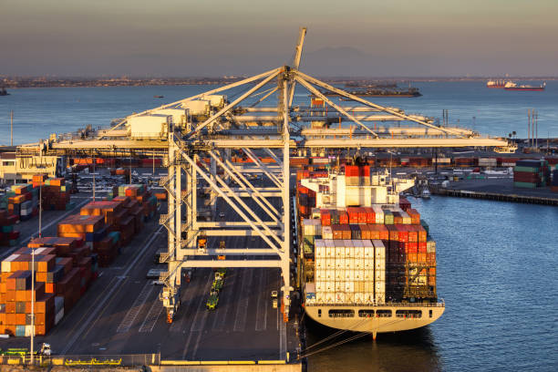 istock Evening Light on Cranes and Container Ship in the Port of Long Beach 1197366694