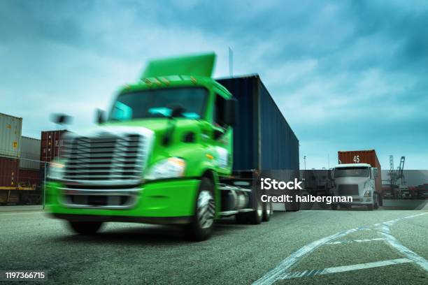 Truck In Shipping Container Terminal Stock Photo - Download Image Now - Port of Los Angeles, Commercial Dock, Harbor