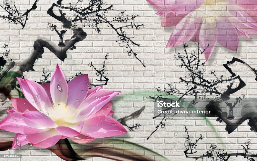 3d Wallpaper Lotus Flower Water On Limestone Stock Photo - Download Image  Now - Mural, Flower, Computer Graphic - iStock