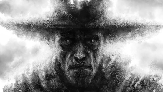 The frightening face of a man in a big hat. Black and white illustration in horror fantasy genre with coal and noise effect.