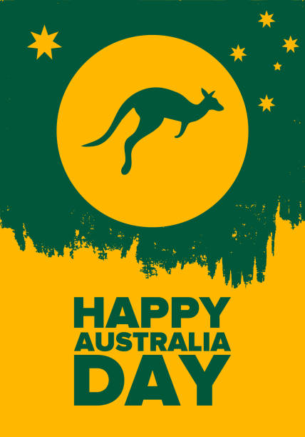 illustrations, cliparts, dessins animés et icônes de journée de l'australie. fête nationale heureuse, célébrée annuelle en janvier 26. éléments patriotiques australiens.  silhouette de kangourou. affiche, carte, bannière et fond. illustration de vecteur - wallaroo