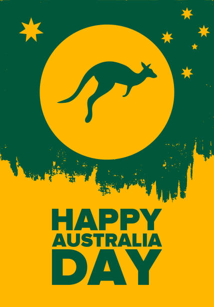 ilustrações, clipart, desenhos animados e ícones de dia da austrália. feriado feliz nacional, comemorado anual em 26 de janeiro. elementos patrióticos australianos.  silhueta do canguru. poster, cartão, bandeira e fundo. ilustração do vetor - wallaby kangaroo australian culture australia