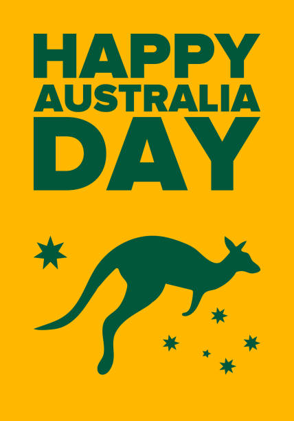 ilustrações, clipart, desenhos animados e ícones de dia da austrália. feriado feliz nacional, comemorado anual em 26 de janeiro. elementos patrióticos australianos.  silhueta do canguru. poster, cartão, bandeira e fundo. ilustração do vetor - wallaby kangaroo australian culture australia