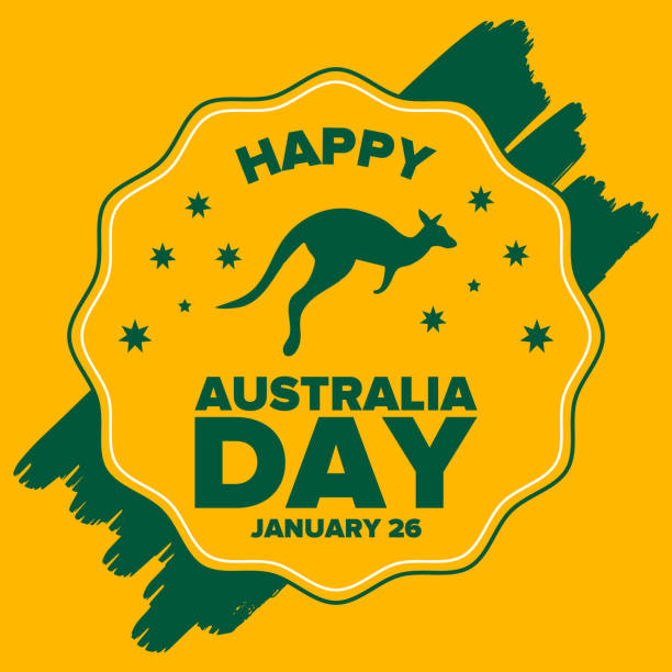 ilustrações, clipart, desenhos animados e ícones de dia da austrália. feriado feliz nacional, comemorado anual em 26 de janeiro. elementos patrióticos australianos.  silhueta do canguru. poster, cartão, bandeira e fundo. ilustração do vetor - wallaby kangaroo australian culture australia