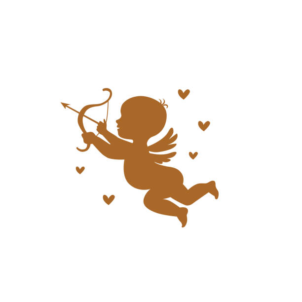 amor valentines liebe engel fliegen silhouette - angel cherub heart shape smiling stock-grafiken, -clipart, -cartoons und -symbole