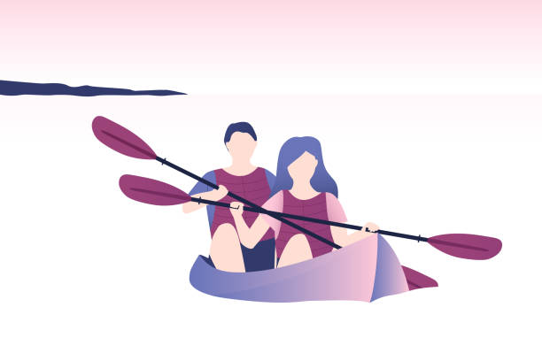 Kayakers swimming in the kayak. Kayak in the sea Kayakers swimming in the kayak. Kayak in the lake or sea. Happy couple making outdoor sport.  Outdoor sport, travel  or outdoor activity concept. Purple color. Flat vector illustration rafting kayak kayaking river stock illustrations