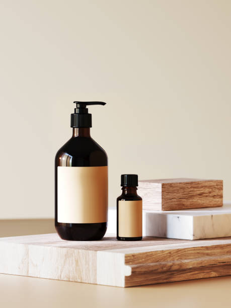 istock Cosmetic background for product presentation. Cosmetic bottle on wood and marble stack podium and earth tone color background. 3d rendering illustration. 1197375265