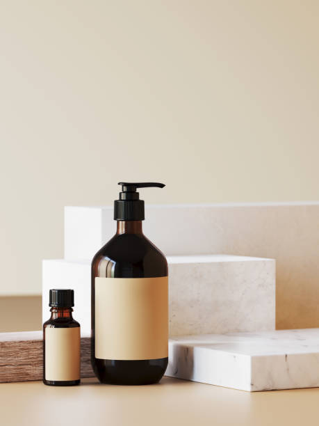 istock Cosmetic background for product presentation. Cosmetic bottle on wood and marble stack podium and earth tone color background. 3d rendering illustration. 1197375327