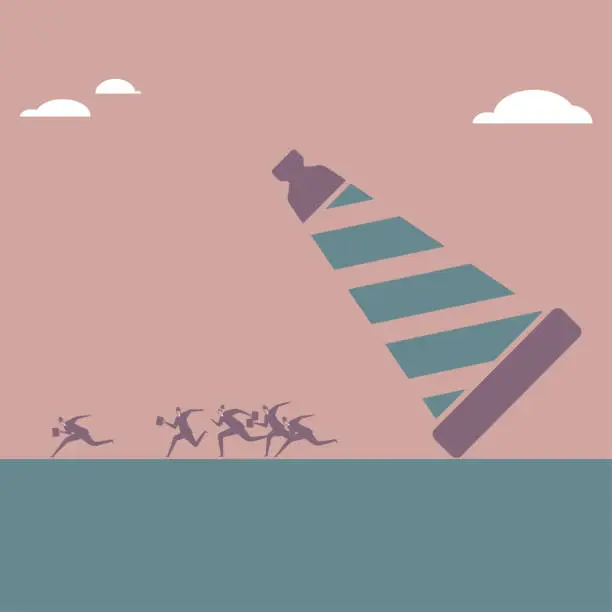 Vector illustration of A group of people escaped under the inclined safety cone.