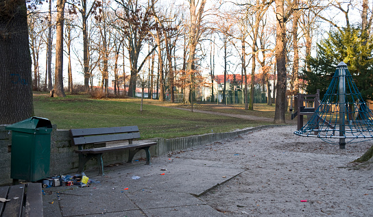 Fireworks packaging waste on the edge of a public children’s playground in the Thuringian city of Altenburg on New Years’s afternoon 2020
