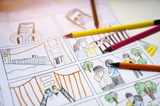 Preproducción de vídeo para el concepto de guión gráfico de películas: Color lápiz dibujo story board animación cómica cartón, diseño creativo de la escena en el estudio. Detrás del trabajo de proceso antes de las películas de producción photo